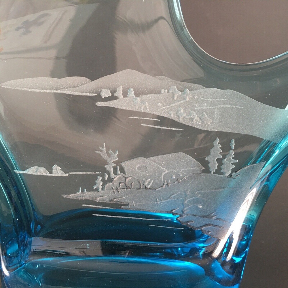 Blue Art Glass Etched Outdoor Scenery Stunning Unknown Artist - Picture 4 of 16